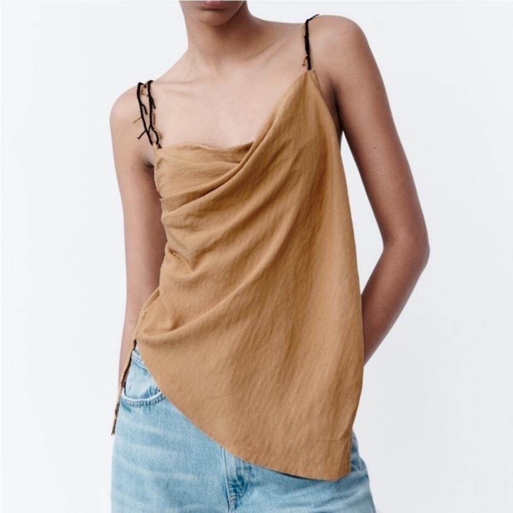 New Zara Beaded Asymmetrical Draped Tan Top NWT Sizes Medium, Large